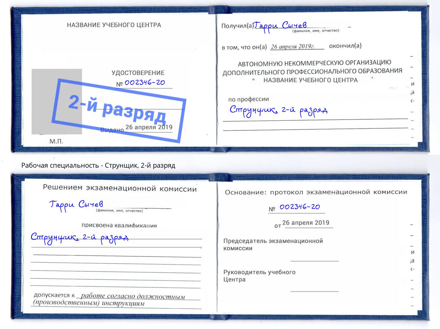 корочка 2-й разряд Струнщик Абинск