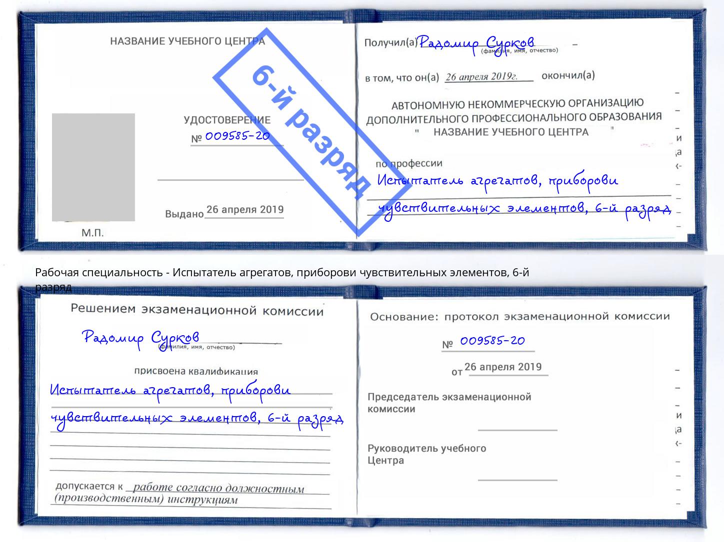 корочка 6-й разряд Испытатель агрегатов, приборови чувствительных элементов Абинск