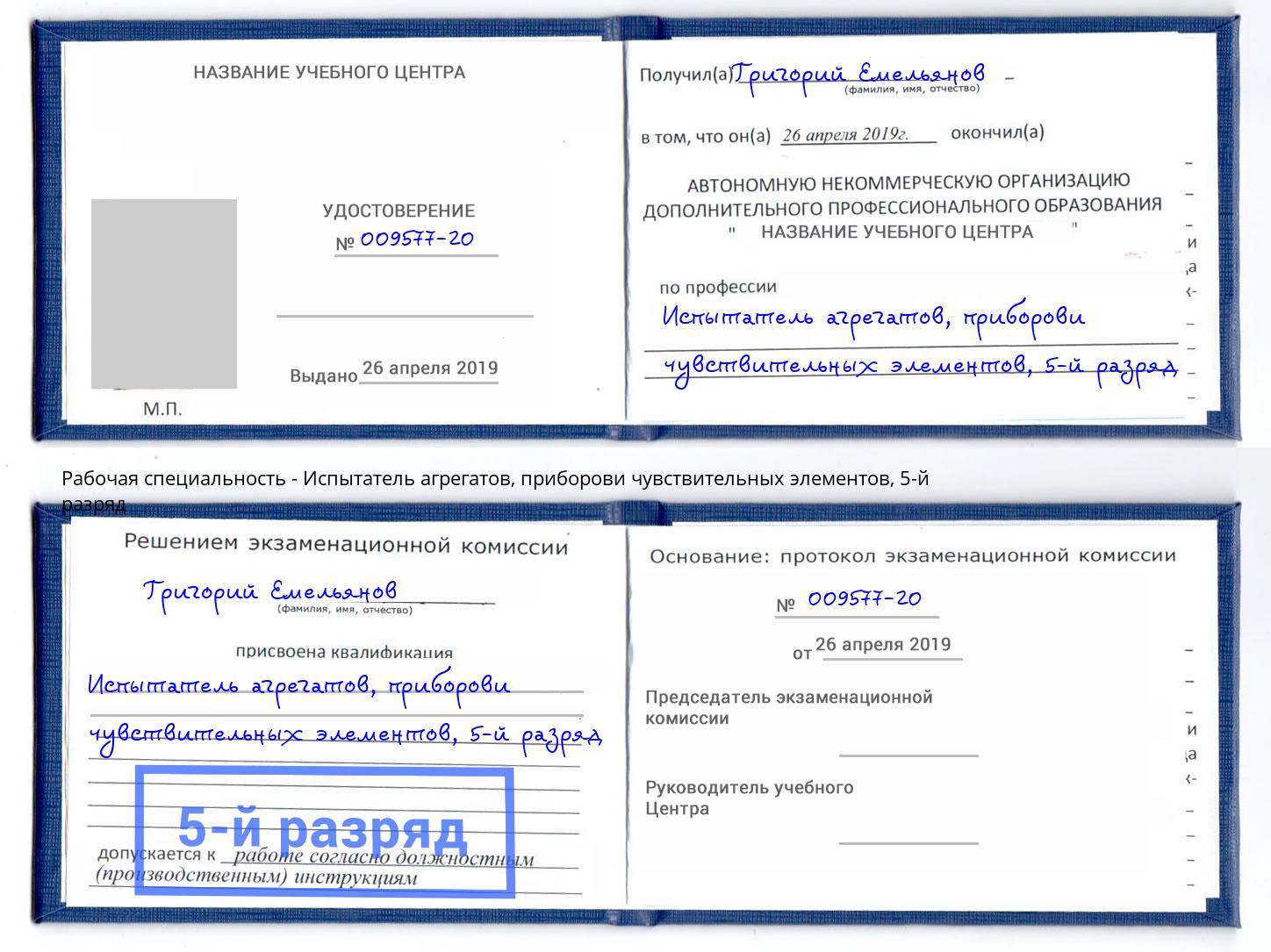 корочка 5-й разряд Испытатель агрегатов, приборови чувствительных элементов Абинск
