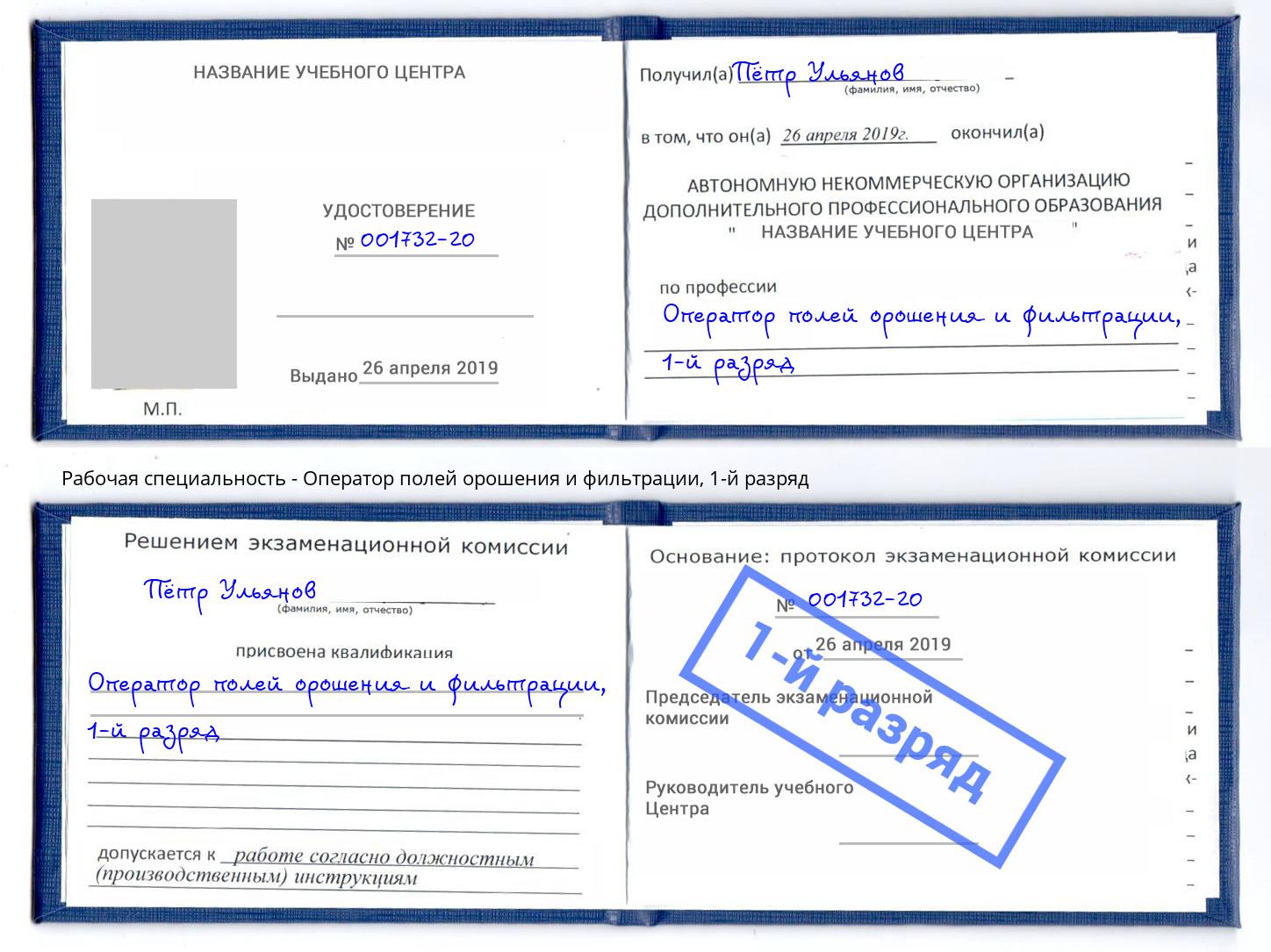 корочка 1-й разряд Оператор полей орошения и фильтрации Абинск