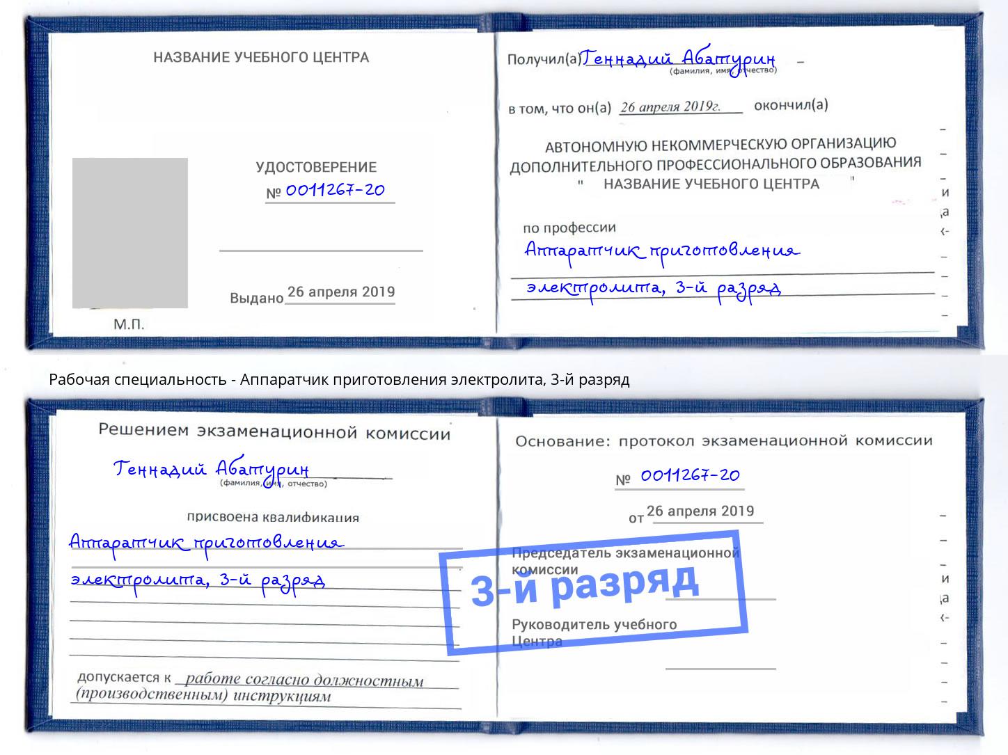 корочка 3-й разряд Аппаратчик приготовления электролита Абинск