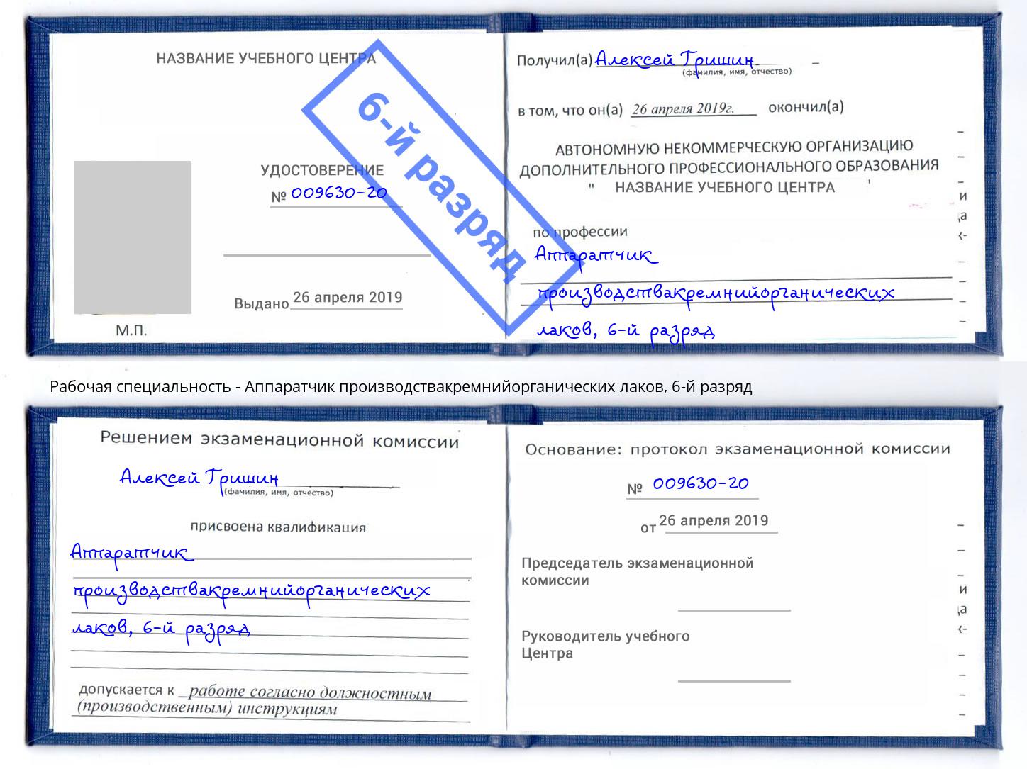 корочка 6-й разряд Аппаратчик производствакремнийорганических лаков Абинск