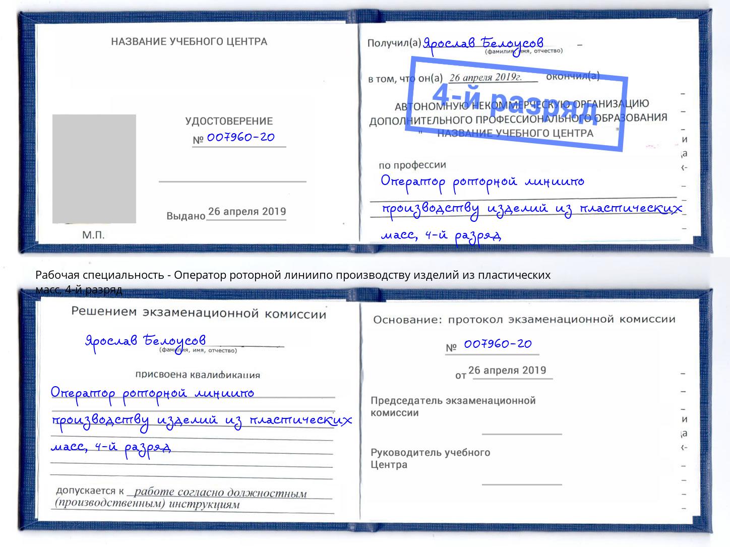 корочка 4-й разряд Оператор роторной линиипо производству изделий из пластических масс Абинск