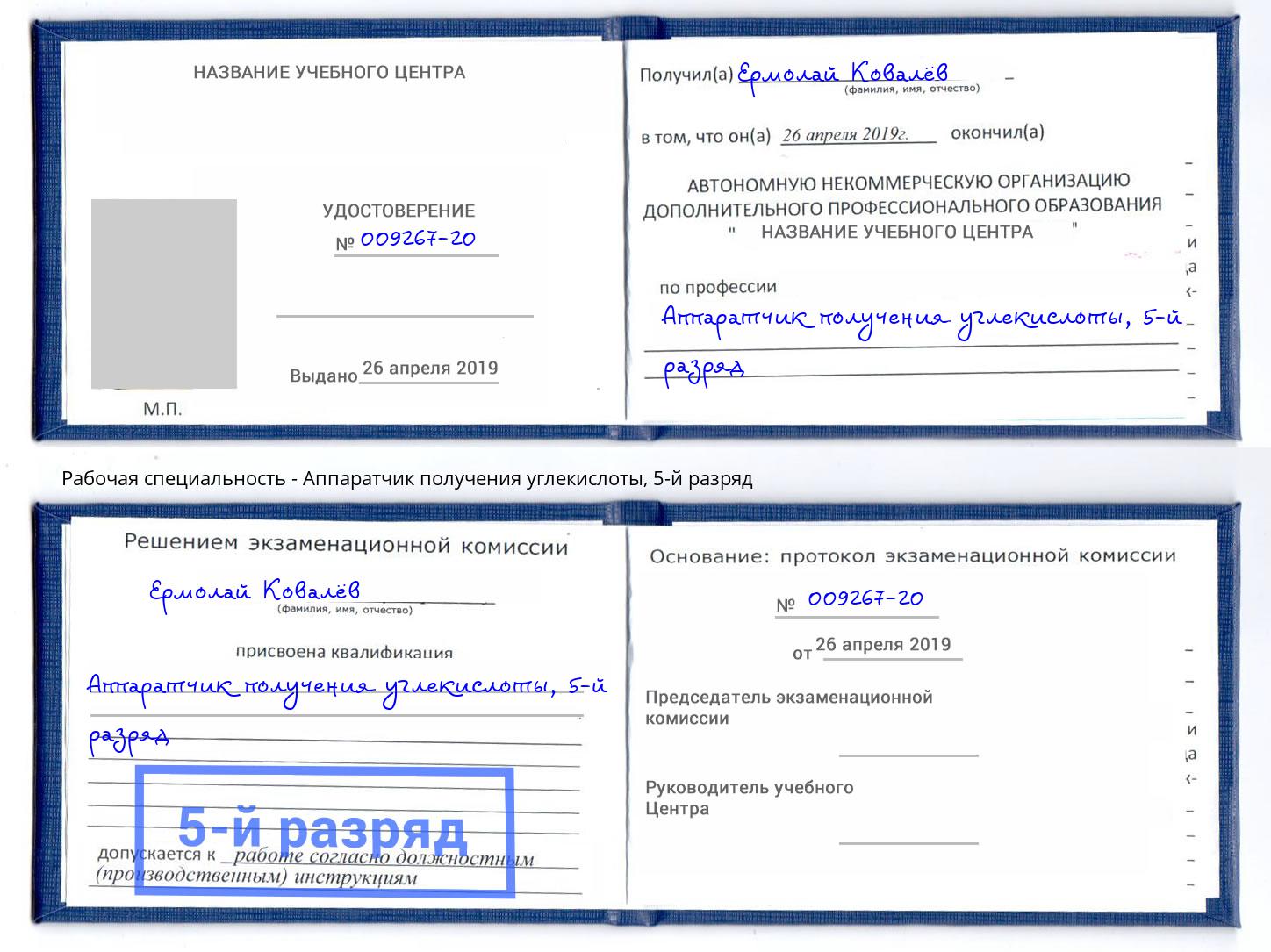 корочка 5-й разряд Аппаратчик получения углекислоты Абинск